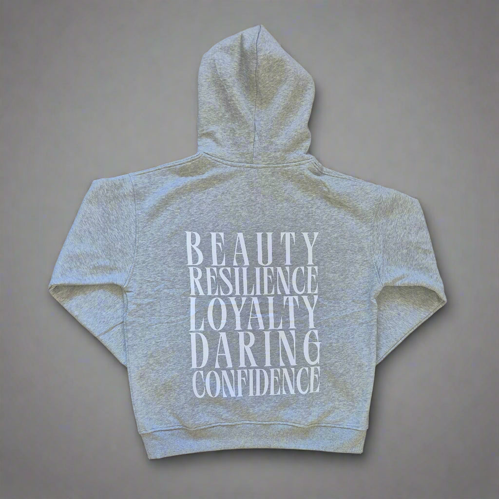 Gray hoodie with motivational text on the back against a beige background