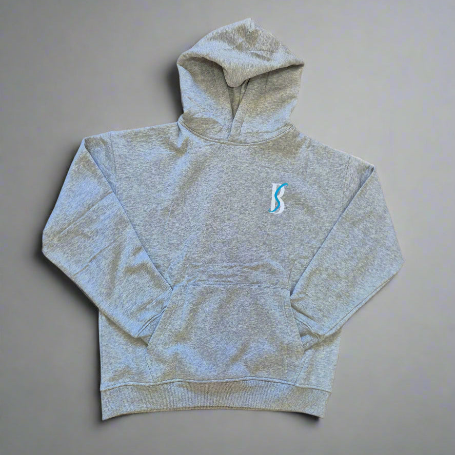 Light gray hoodie with a small logo on a beige background
